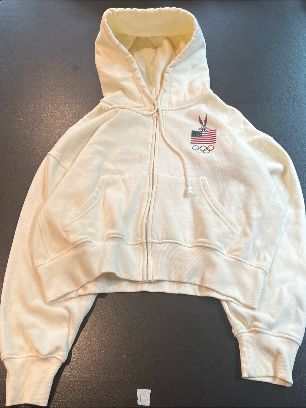 Cream Zip-Up Hoodie with Olympic & USA Flag Patch